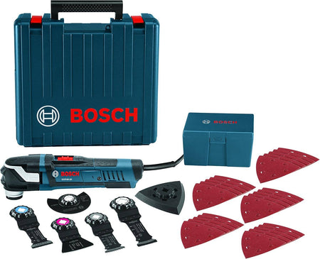 Bosch GOP40-30 multi-tool kit with hard case, sanding pads, blades, and attachments for cutting, scraping, and sanding tasks.