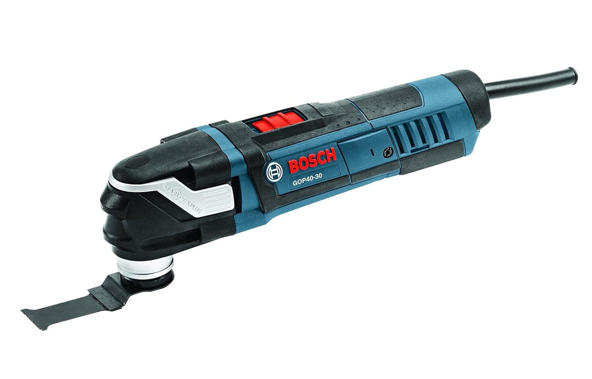 Bosch GOP40-30 multi-tool with ergonomic grip and flat blade, designed for cutting, sanding, and scraping in tight spaces.