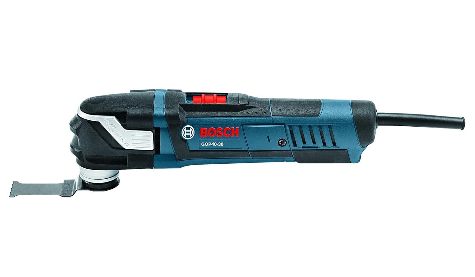 Bosch GOP40-30 oscillating multi-tool with flat blade attachment, shown in blue and black with red power switch and corded design.