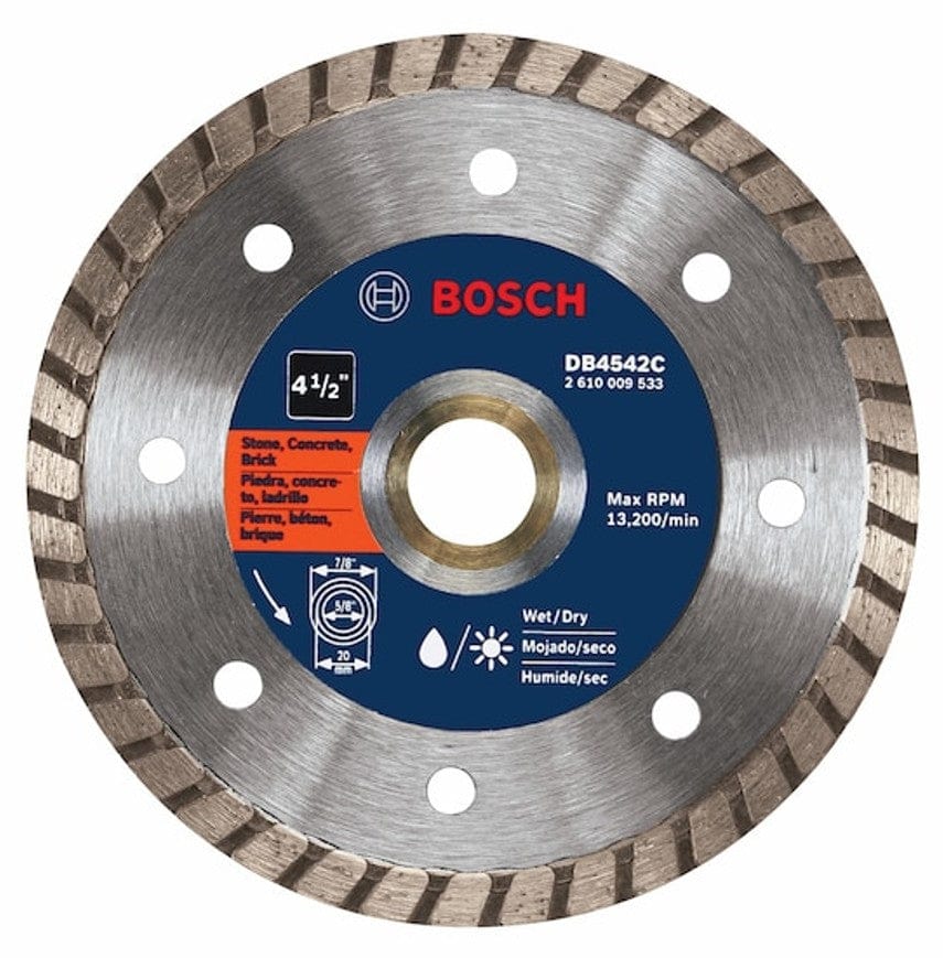 Bosch DB4542C circular diamond blade with turbo rim and cooling holes; labeled for wet or dry cutting of stone, concrete, and brick with multilingual usage icons.