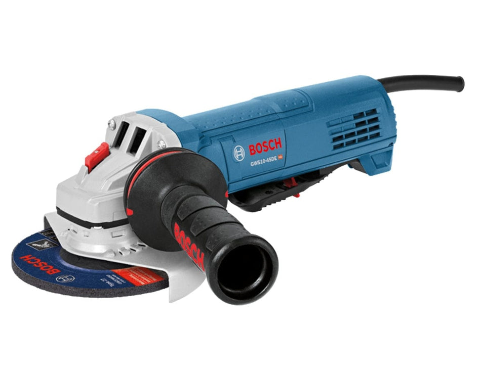 Bosch GWS13-50VSP angle grinder with side handle and protective guard, designed for grinding and cutting metal, stone, and concrete surfaces.