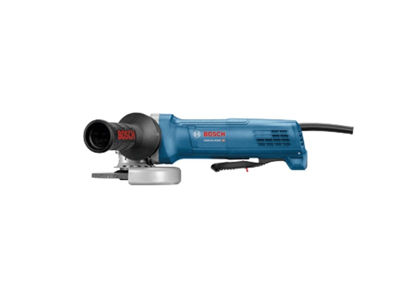 Bosch electric angle grinder with blue body, black handle, and side grip, shown with partially visible grinding disc and printed model information.