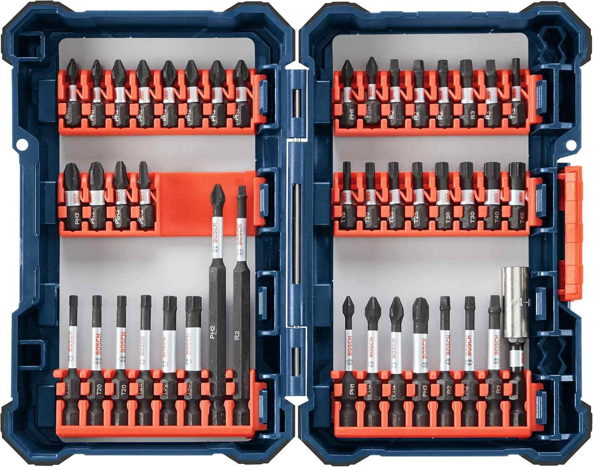 Bosch 44-piece screwdriver bit set in hard plastic case with organized rows of Phillips, Torx, and Square bits; includes short and long bits with labeled compartments.