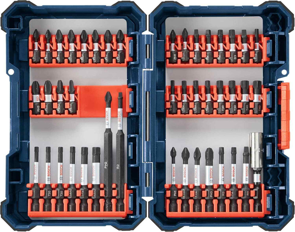 Bosch 44-piece screwdriver bit set in hard plastic case with organized rows of Phillips, Torx, and Square bits; includes short and long bits with labeled compartments.