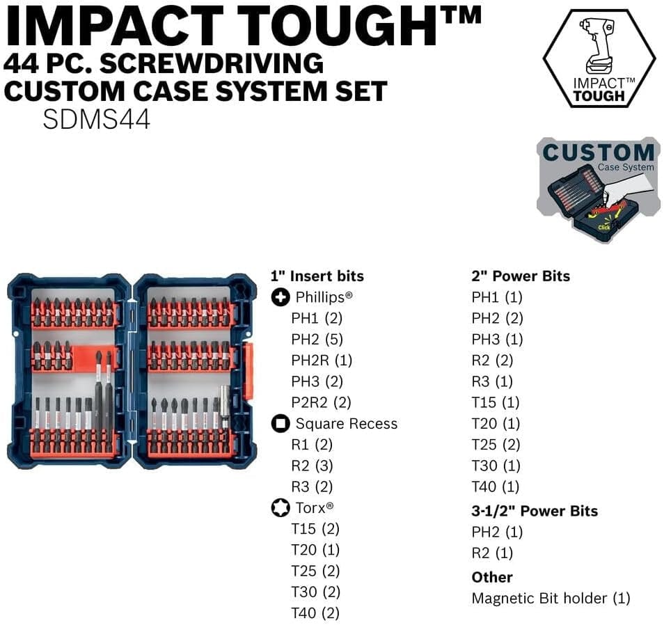 Promotional image of Bosch SDMS44 44-piece Impact Tough bit set with labeled contents including Phillips, Torx, Square bits, and magnetic bit holder in custom case.