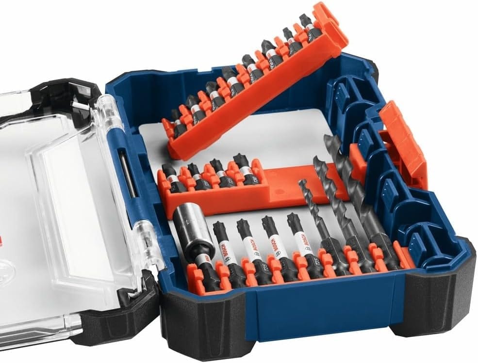 Bosch drill and screwdriver bit set in a plastic case with transparent lid; includes various Phillips, flathead, and specialty bits arranged in labeled compartments.