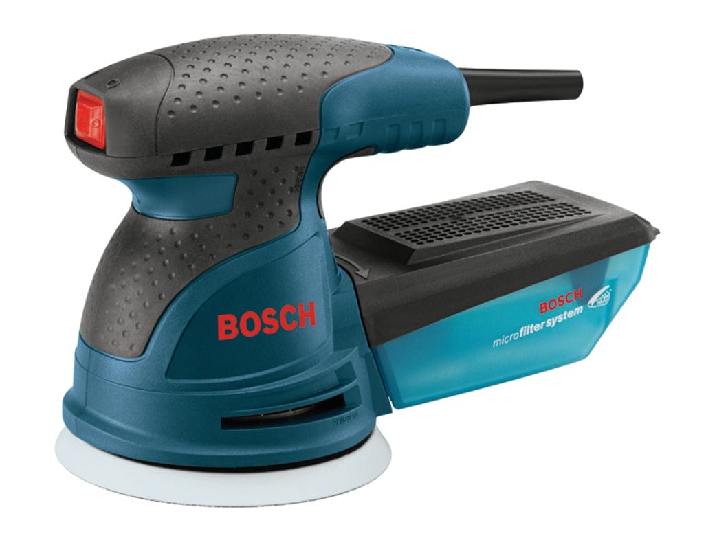Bosch random orbital sander with blue and black body, red logo, circular sanding pad, and microfilter dust system, designed for smooth surface finishing