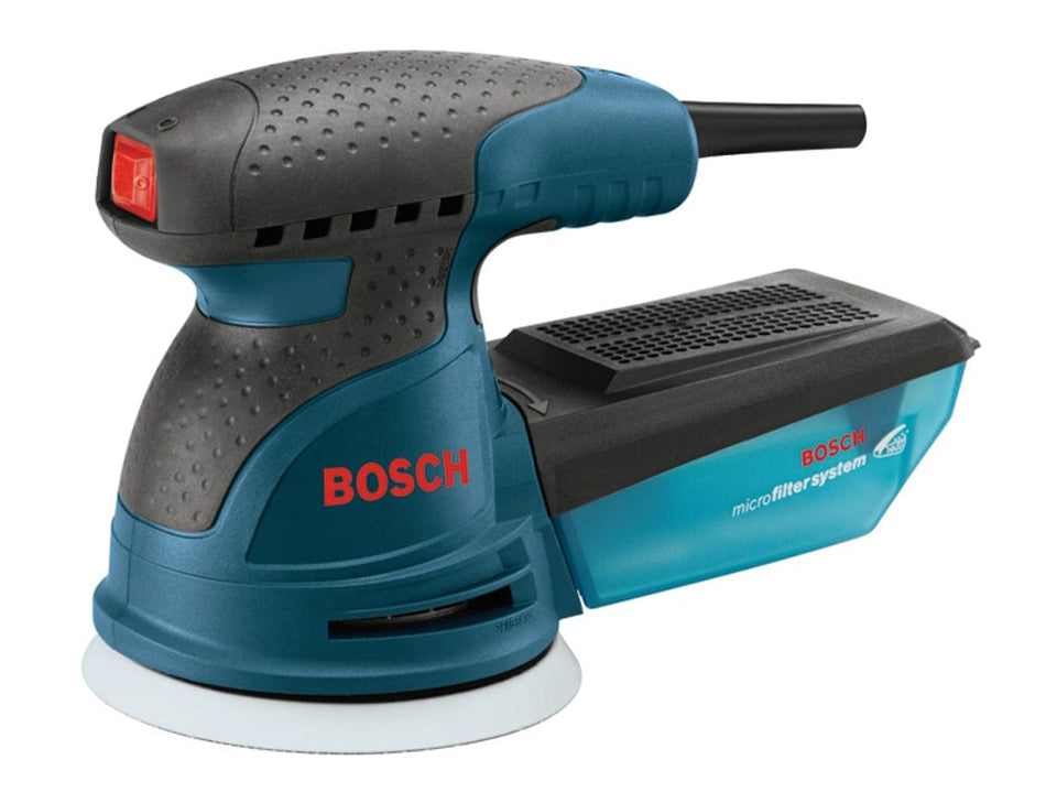 Bosch random orbital sander with blue and black body, red logo, circular sanding pad, and microfilter dust system, designed for smooth surface finishing