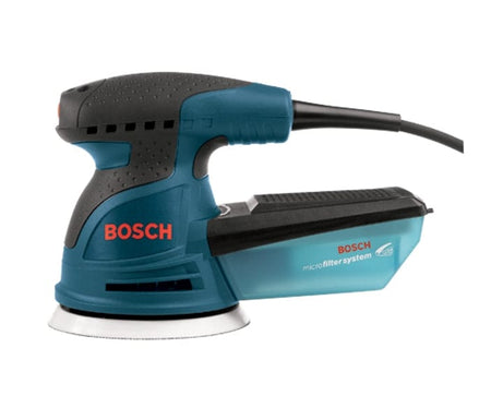 Bosch random orbit sander with blue and black ergonomic body, red logo, circular sanding pad, and microfilter dust system, ready for use
