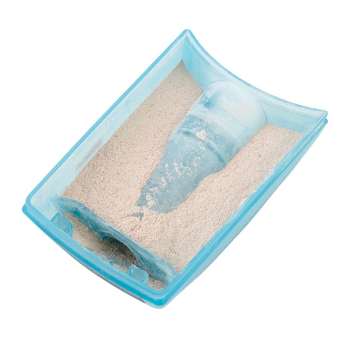 Bosch microfilter dust collection container with translucent blue body and black lid, labeled for filtration use in power tools like sanders