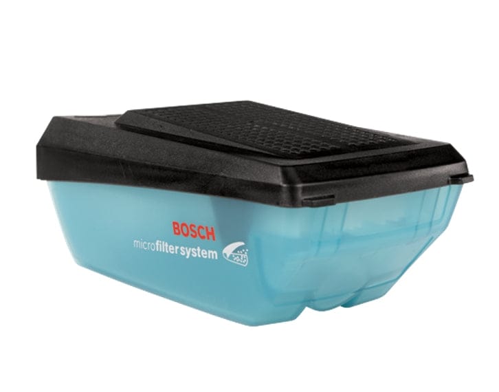 Bosch microfilter dust collection container with translucent blue body and black lid, labeled for filtration use in power tools like sanders