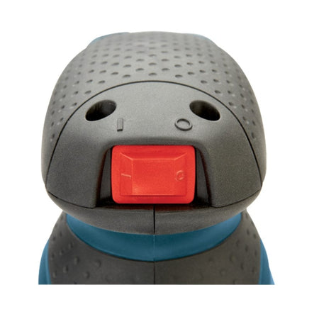 Close-up of Bosch palm router top section with textured grip and red power switch, highlighting ergonomic design and control interface.