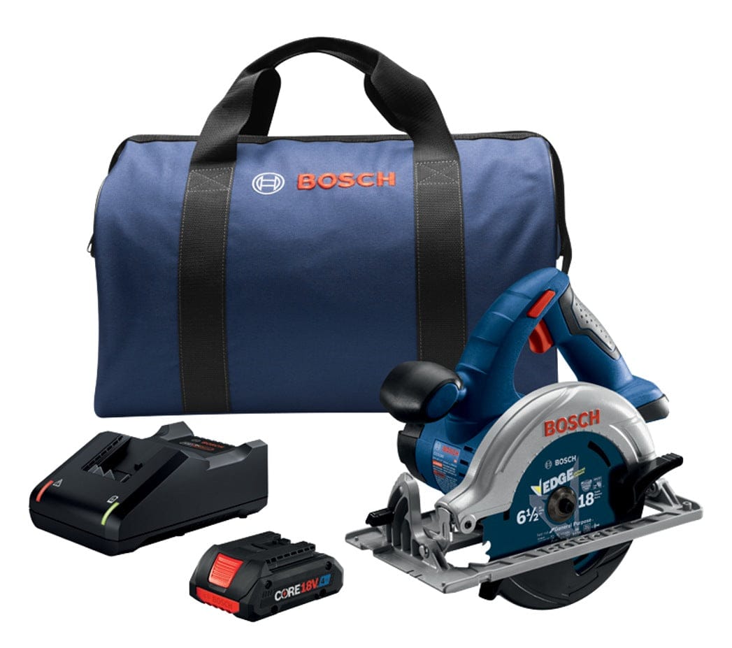 osch circular saw kit including CCS180 saw, CORE18V battery, charger, and branded carrying bag, designed for portable woodworking and jobsite use.