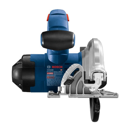 Bosch CCS180 cordless circular saw with compact design, blue and silver housing, visible blade, and labeled model number on the side.