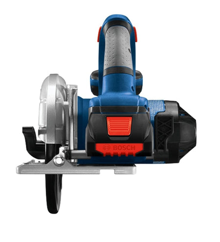 Front view of Bosch cordless circular saw with blue and black body, red Bosch logo on battery compartment, and metal blade guard.