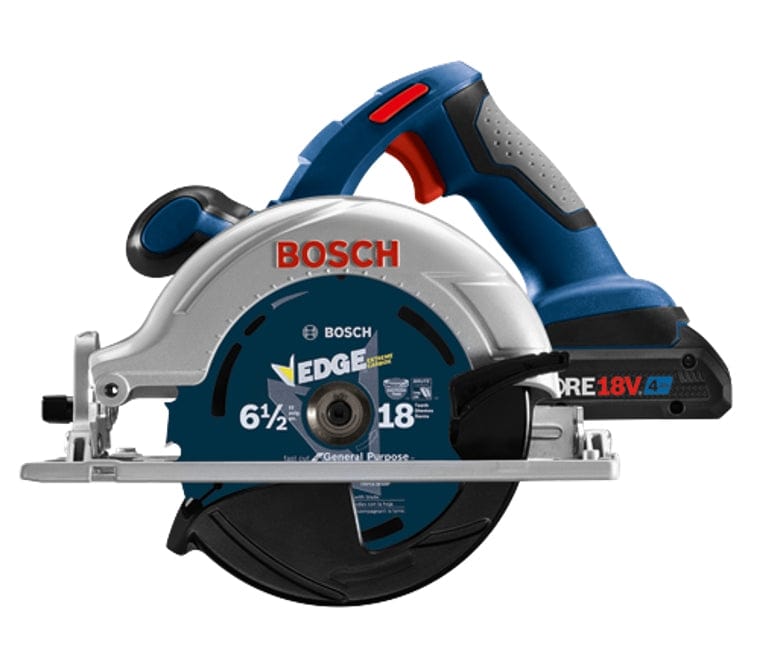  Bosch cordless circular saw with 6-1/2 inch EDGE general-purpose blade and textured grip handle, designed for versatile cutting tasks.