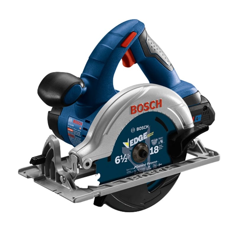 Bosch cordless circular saw with blue and silver body, black handle, and visible 6-1/2 inch EDGE blade labeled for 18V operation.