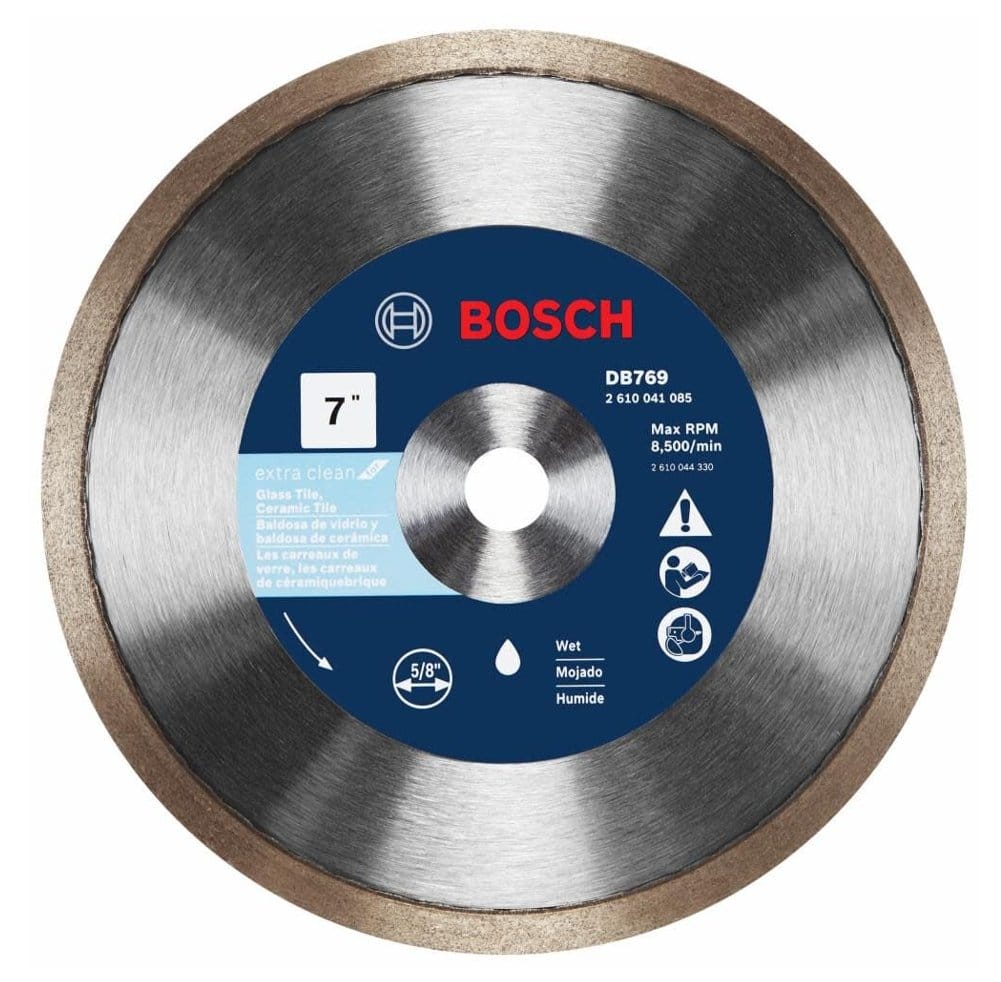 Bosch DB769 7-inch diamond blade with blue center label showing specifications for wet cutting glass and ceramic tile; includes max RPM, arbor size, and usage icons.