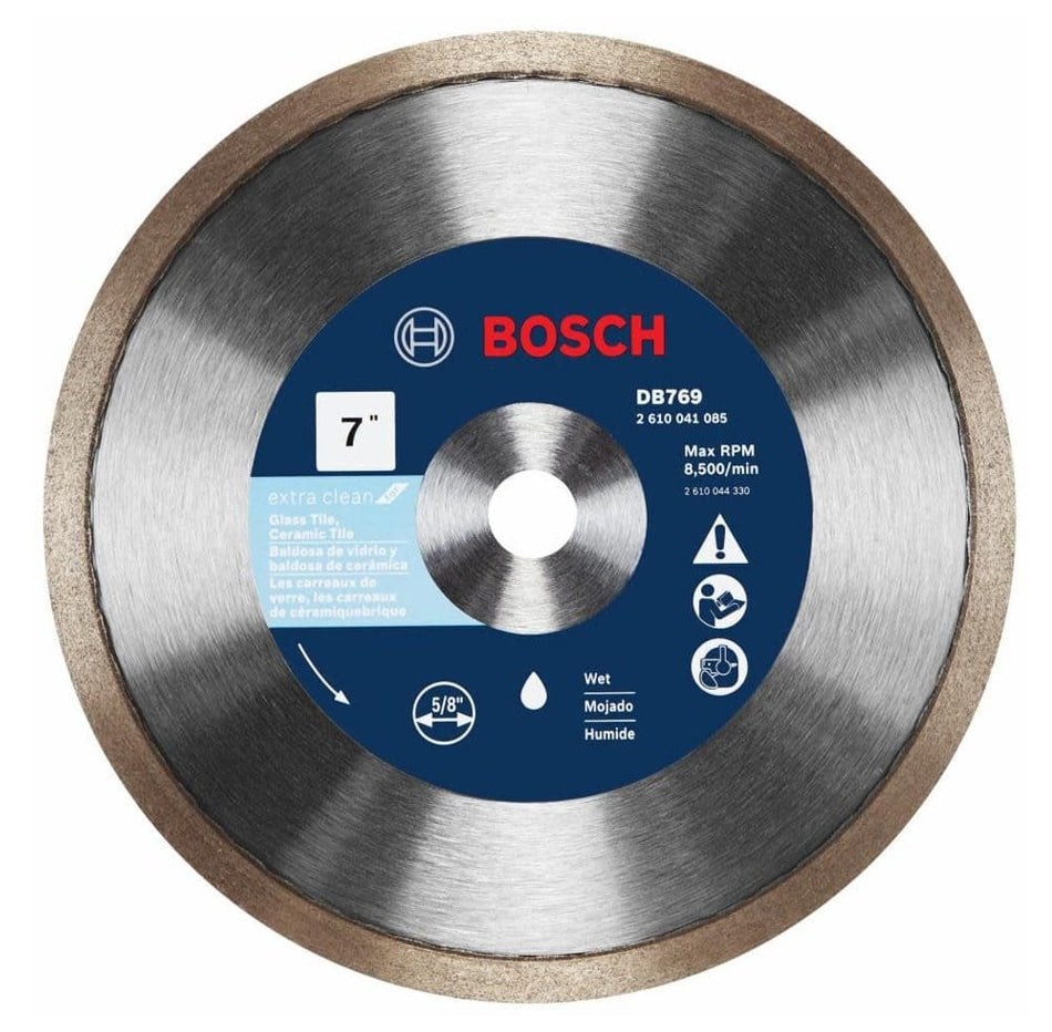 Bosch DB769 7-inch diamond blade with blue center label showing specifications for wet cutting glass and ceramic tile; includes max RPM, arbor size, and usage icons.