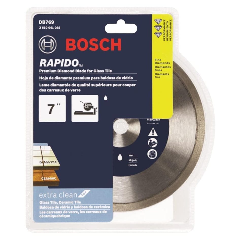 Packaged Bosch Rapido Premium Diamond Blade DB769 for glass tile cutting; packaging highlights 7-inch diameter, extra-clean cut performance, and multilingual product details.