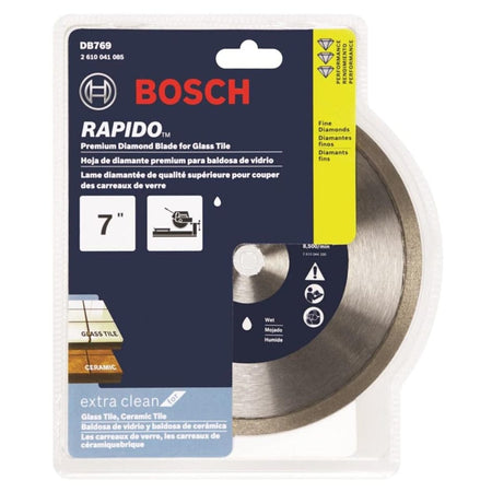 Packaged Bosch Rapido Premium Diamond Blade DB769 for glass tile cutting; packaging highlights 7-inch diameter, extra-clean cut performance, and multilingual product details.