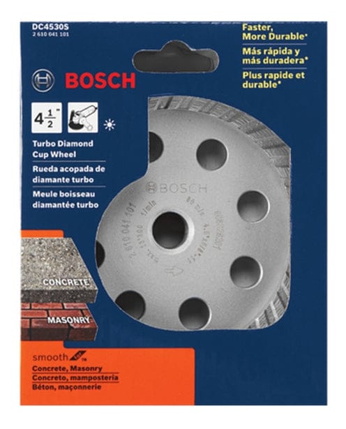 Packaged Bosch DC4530S Turbo Diamond Cup Wheel with 4-1/2 inch diameter, segmented rim, and multilingual labeling for concrete and masonry grinding.