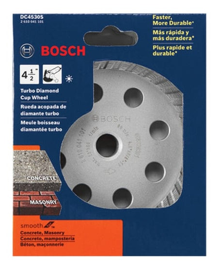 Packaged Bosch DC4530S Turbo Diamond Cup Wheel with 4-1/2 inch diameter, segmented rim, and multilingual labeling for concrete and masonry grinding.