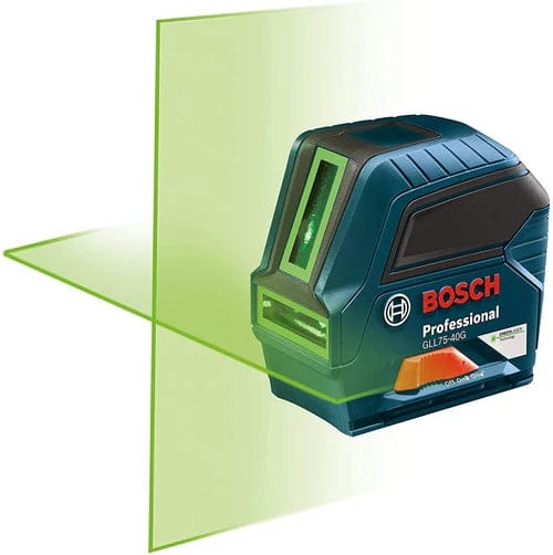 Bosch GLL75-40G green laser level projecting cross-line beams for leveling and alignment. Compact, rugged design with control buttons and green laser windows for professional use.