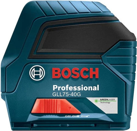 Bosch GLL75-40G green laser level with compact design, red switch controls, and “GREENLASER Technology” label, suitable for vertical and horizontal projection in construction settings.