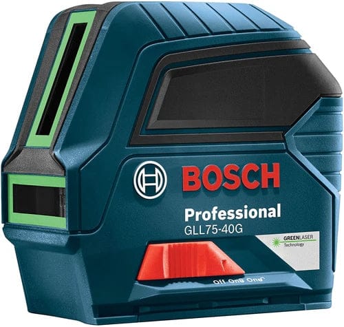 Front view of Bosch GLL75-40G green laser level showing labeled controls, green laser windows, and “Green Laser Technology” branding for enhanced visibility in leveling tasks.