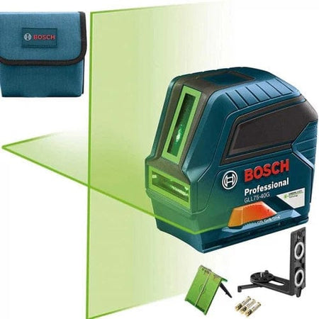 Bosch GLL75-40G green laser level kit with accessories including magnetic mount, green target plate, AA batteries, carrying pouch, and user manual for leveling and alignment applications.