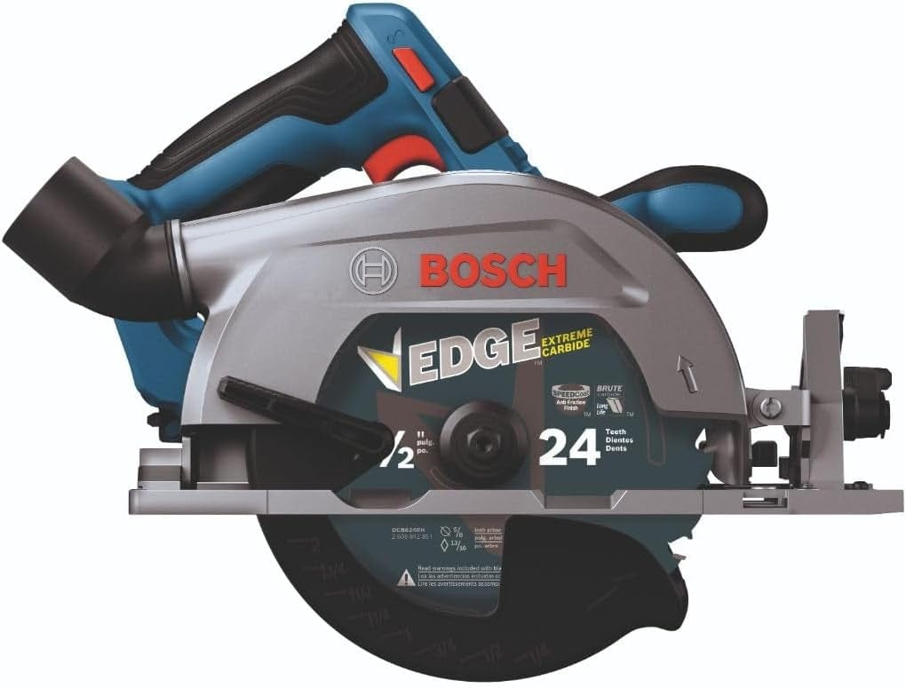 Close-up of Bosch EDGE circular saw showing blue and black handle, red trigger, and 7-1/4 inch 24-tooth carbide blade labeled “EDGE EXTREME.”