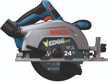 Close-up of Bosch EDGE circular saw showing blue and black handle, red trigger, and 7-1/4 inch 24-tooth carbide blade labeled “EDGE EXTREME.”