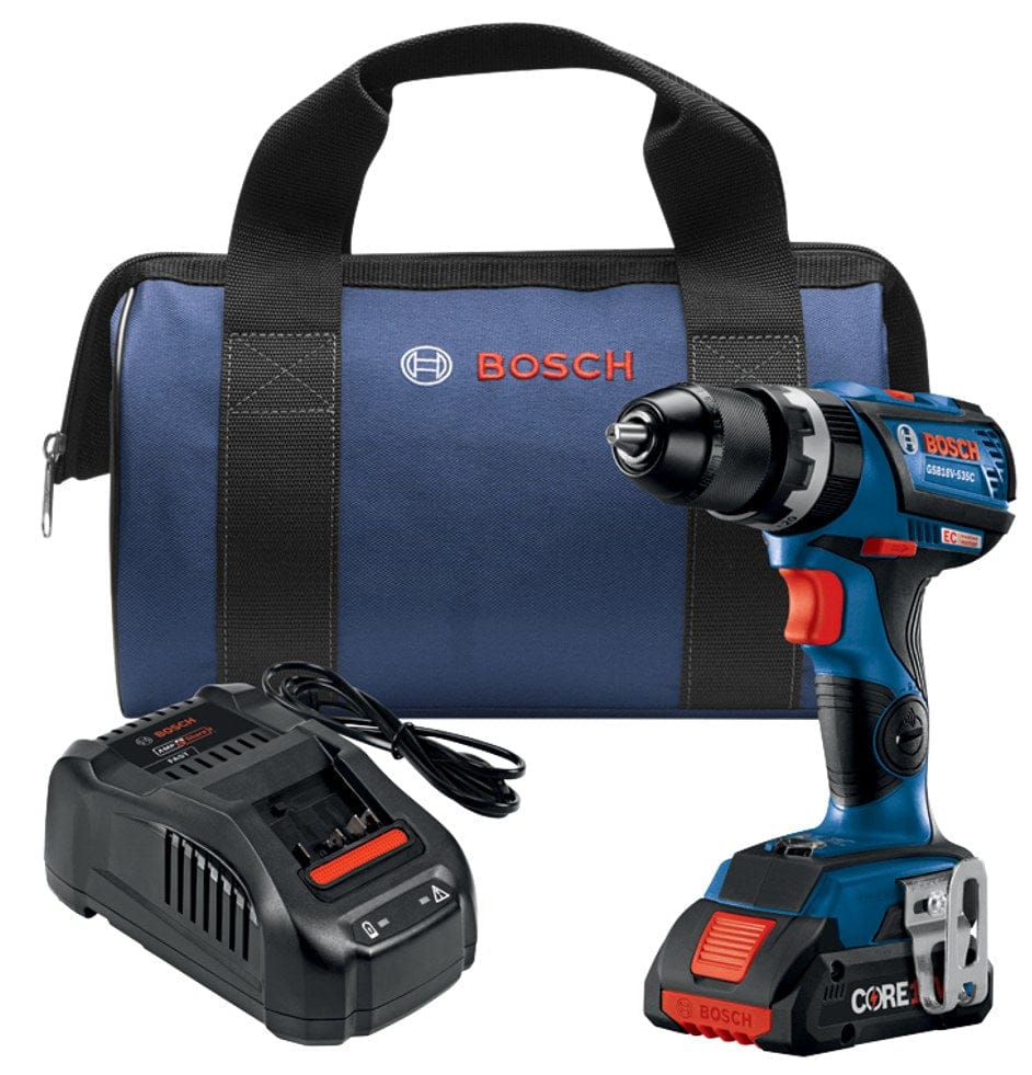 Bosch cordless drill kit including drill, charger, battery, and carrying bag; all components branded and arranged on a work surface.