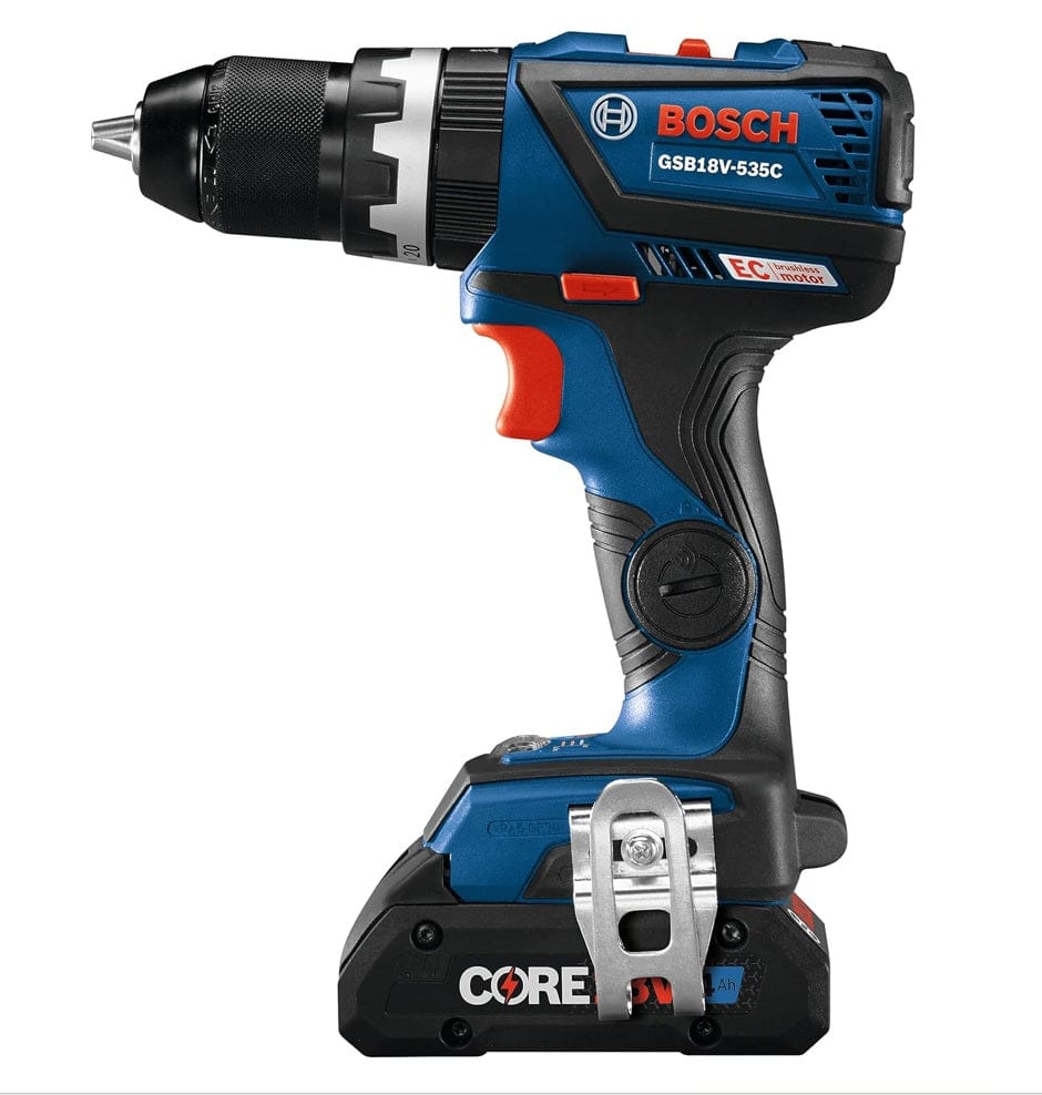 Bosch GSB18V-535C cordless drill with brushless motor and CORE18V battery; features keyless chuck, textured grip, and metal belt clip.