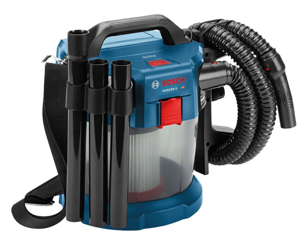 Bosch GAS18V-3N cordless vacuum with transparent container, pleated filter, coiled hose, shoulder strap, and side-mounted extension tubes.