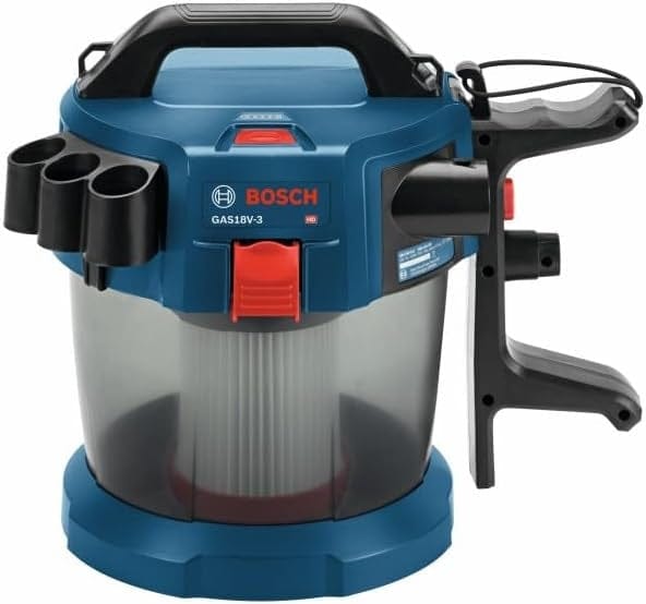 Bosch GAS18V-3N cordless vacuum with transparent container, HEPA filter, and side-mounted nozzle attachments, built for wet/dry debris removal.