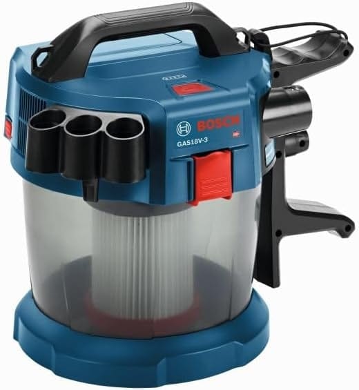Bosch GAS18V-3N cordless wet/dry vacuum with HEPA filter, accessory holders, and hose storage, designed for jobsite or workshop cleanup.