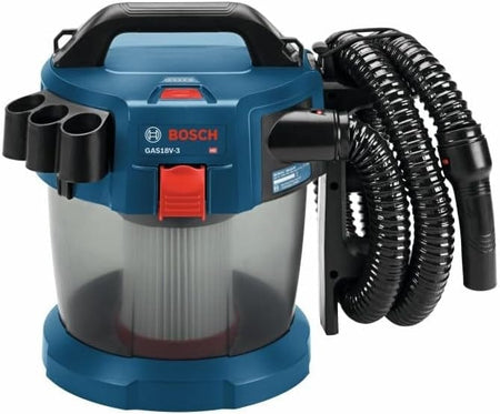Bosch GA518V-3N portable vacuum cleaner with transparent dust container, flexible hose, and three nozzle attachments stored on the side.