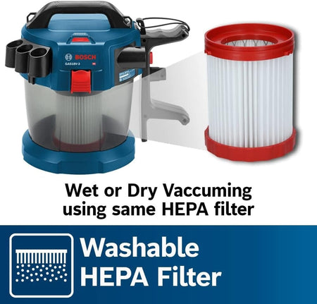 Bosch GAS18V-3N vacuum cleaner shown with separate washable HEPA filter, highlighting its use for both wet and dry vacuuming.