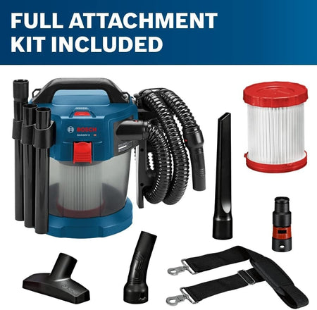 Bosch GAS18V-3N vacuum cleaner displayed with full attachment kit including hose, extension tubes, crevice tool, floor nozzle, and filter