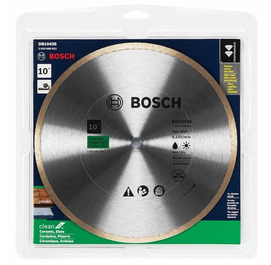The Bosch DB1043S 10-inch diamond blade shown in its clear retail packaging.