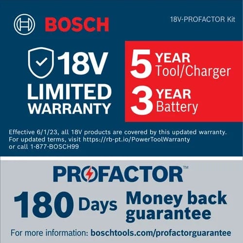 Promotional graphic for Bosch 18V PROFACTOR kit showing warranty details including 5-year tool and charger coverage, 3-year battery coverage, and 180-day money-back guarantee.