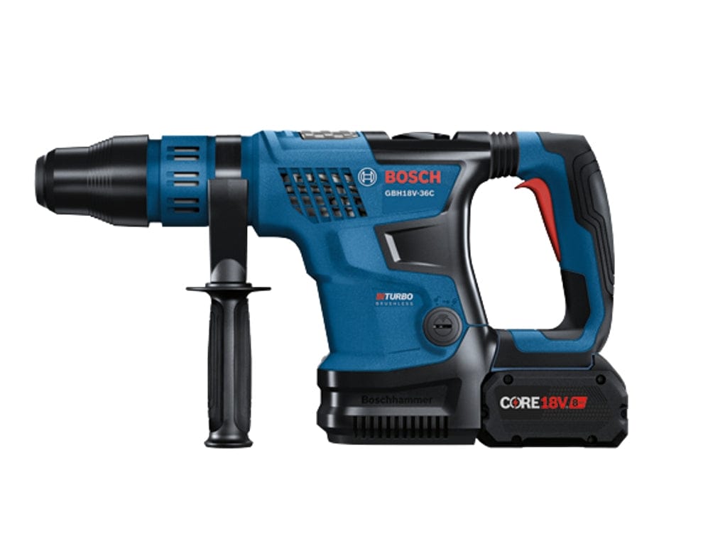 Bosch GBH18V-36C cordless rotary hammer drill with side handle and CORE18V battery, featuring BITURBO brushless technology for high-efficiency operation
