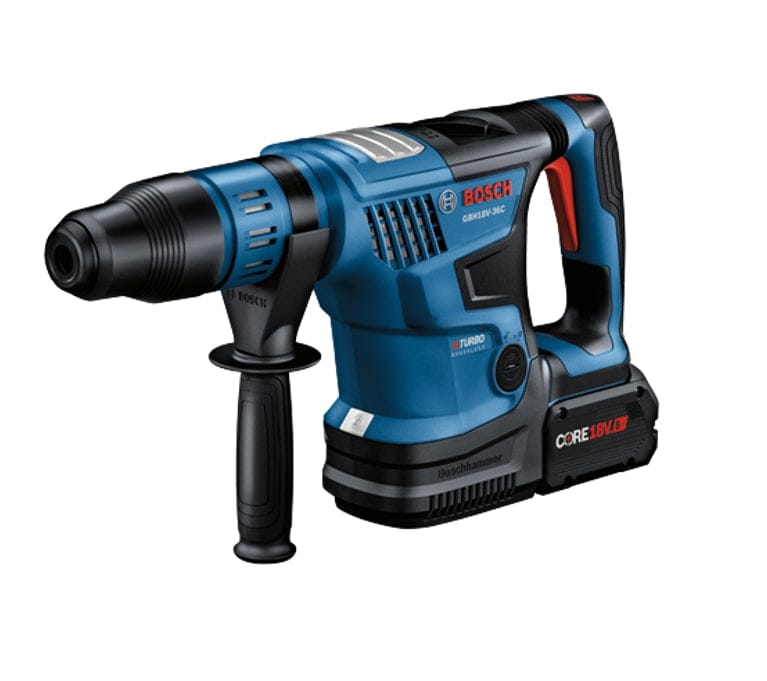 Bosch GBH18V-36C cordless rotary hammer drill with side handle and CORE18V battery, labeled with "TURBO" and "Boschhammer" for enhanced performance.