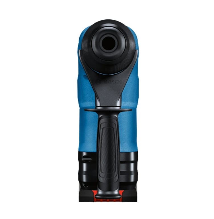 Front view of Bosch cordless planer with black and blue body and red chip ejection system, designed for ergonomic grip and precision woodworking
