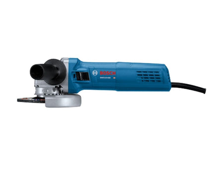 Bosch GWS 750-100 angle grinder with blue body and black handle, shown with attached disc for grinding or cutting metal, stone, or concrete surfaces.