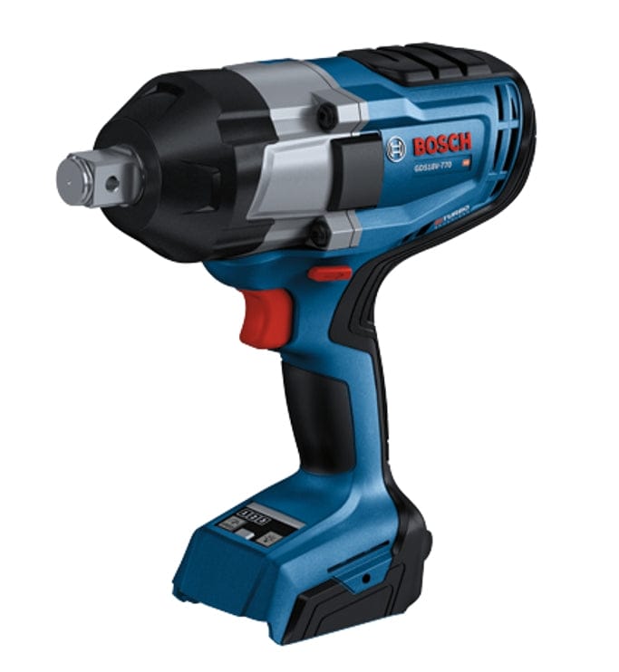 Bosch GDS18V-770 cordless impact wrench with textured grip, red trigger, and square drive, designed for heavy-duty fastening applications.