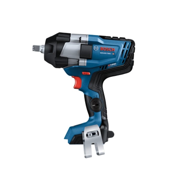 Bosch GDS18V-740C cordless impact wrench with blue and black body, red trigger, and belt clip, designed for high-torque fastening tasks.
