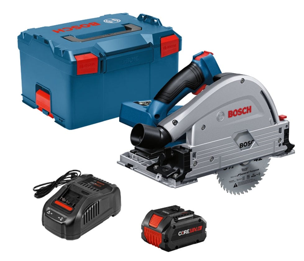 Bosch cordless track saw kit including saw, CORE18V battery, charger, and carrying case, designed for precision cutting with guide rail compatibility.
